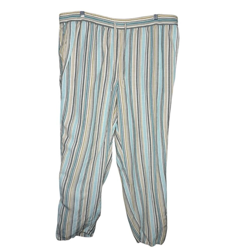 J.JILL / teal blue tan striped linen blend elastic waist straight leg pants / XL